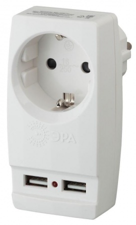 Адаптер SP-1e-USB-W "Polynom" 1-м 220В+ 2xUSB 2100мА c зазeмл. бел. ЭРА Б0026332 1232247