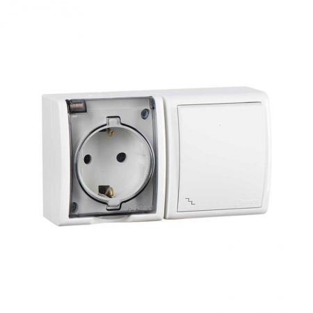 Блок 2-м СП розетка 2P+E Schuko 16А 250В + выкл. проходной 10А 250В IP54 бел. Simon15 Aqua 1594516-030 392076