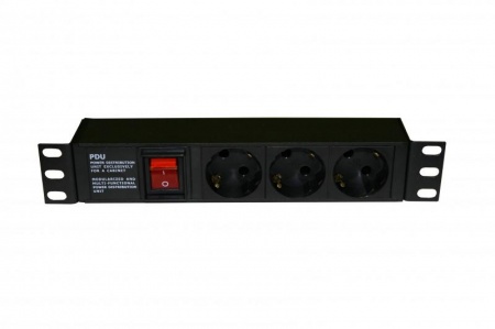 Блок розеток SHE10-3SH-S-IEC 10дюйм 250В 1U 16А 3 розетки Schuko с выкл. алюм. корпус разъем IEC 60320 C14 Hyperline 255010 1201714