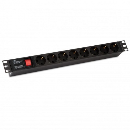 Блок розеток SHE19-8SH-S-IEC 19дюйм 250В 1U 10А 8 розеток Schuko с выкл. алюм. корпус разъем IEC 60320 C14 Hyperline 255002 409146