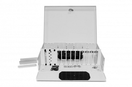 Бокс оптический FO-WBX-12хSLT-W140H42-96UN-GY универс. настенный от 8 до 96 портов (SC duplex LC ST FC) (со спайс. пласт. без пигтейлов. и прох. адапт.) сер. Hyperline 250445 442237