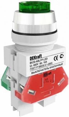 Выключатель кнопочный ABLFP 30мм зел. LED 220В ВК-30 DEKraft 25047DEK 1113229