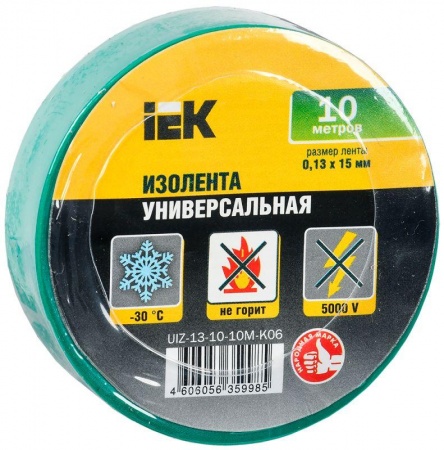 Изолента ПВХ 0.13х15мм (рул.10м) зел. ИЭК UIZ-13-10-10M-K06 304397