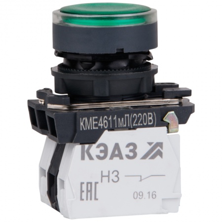 Кнопка КМЕ 4611мЛ 220В 1но+1нз цилиндр индикатор IP65 зел. КЭАЗ 248250 1214086