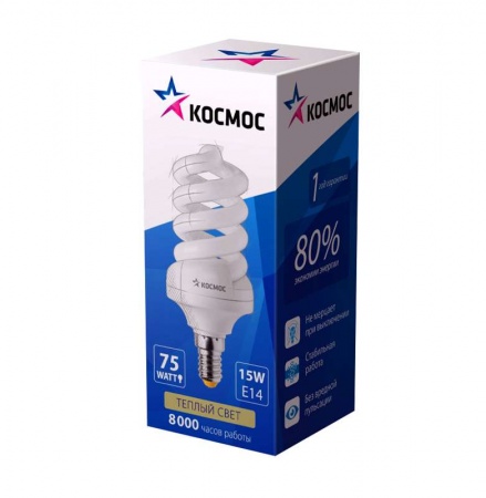 Лампа люминесцентная компакт. SPC 15Вт E14 спиральная 2700К Т3 КОСМОС LKsmSPC15wE1427 332599
