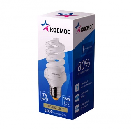 Лампа люминесцентная компакт. SPC 15Вт E27 спиральная 2700К Т3 КОСМОС LKsmSPC15wE2727 332602