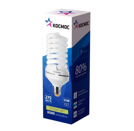 Лампа люминесцентная компакт. SPC 55Вт E27 спиральная 2700К T4 КОСМОС LKsmT4SPC55wE2727 334893