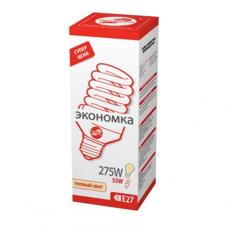 Лампа люминесцентная компакт. SPC 55Вт E27 спиральная 2700К T4 ЭКОНОМКА LKsmT4SPC55wE2727eco 293258