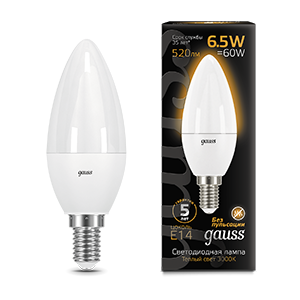 Лампа светодиодная 6.5Вт свеча 2700К тепл. бел. E14 520лм 150-265В GAUSS 103101107 384997