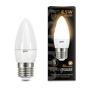Лампа светодиодная 6.5Вт свеча 2700К тепл. бел. E27 520лм 150-265В GAUSS 103102107 422175