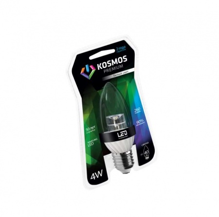 Лампа светодиодная LED KOSMOS premium 4Вт Свеча прозрачная E27 230В 4500К Космос KLED4wCN230vE2745CL 291719