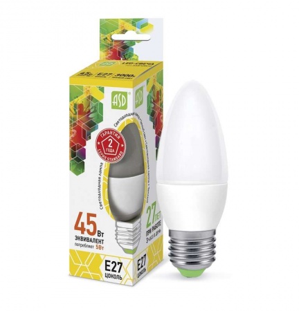 Лампа светодиодная LED-свеча-standard 5Вт свеча 3000К тепл. бел. E27 450лм 160-260В ASD 4690612003900 443310