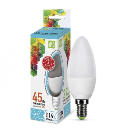 Лампа светодиодная LED-свеча-standard 5Вт свеча 4000К белый E14 450лм 160-260В ASD 4690612002224 443309