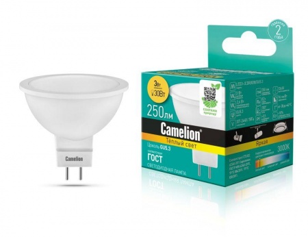 Лампа светодиодная LED3-JCDR/830/GU5.3 3Вт 3000К тепл. бел. GU5.3 215лм 220-240В Camelion 11367 269962
