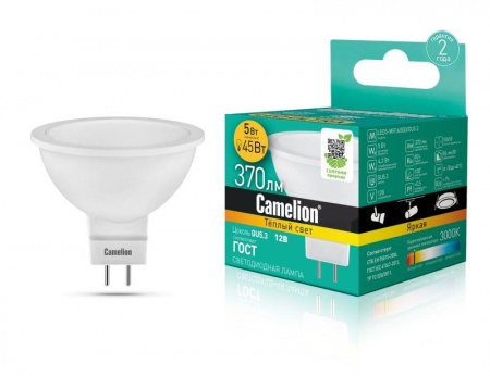 Лампа светодиодная LED5-MR16/830/GU5.3 5Вт 3000К тепл. бел. GU5.3 370лм 12В Camelion 12025 397035