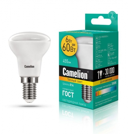 Лампа светодиодная LED6 R50/830/E14 6Вт 3000К тепл. бел. E14 455лм 220-240В Camelion 11658 329826