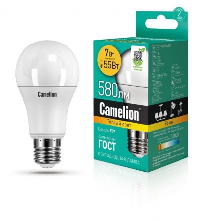 Лампа светодиодная LED7-A60/830/E27 7Вт грушевидная 3000К тепл. бел. E27 490лм 220-240В Camelion 11253 269966