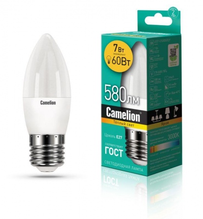 Лампа светодиодная LED7-C35/830/E27 7Вт свеча 3000К тепл. бел. E27 530лм 220В Camelion 12077 408410
