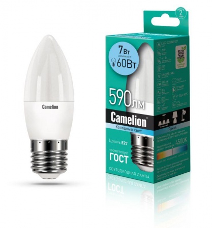Лампа светодиодная LED7-C35/845/E27 7Вт свеча 4500К белый E27 560лм 220В Camelion 12078 408407