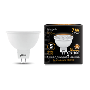 Лампа светодиодная MR16 7Вт 2700К тепл. бел. GU5.3 600лм 150-265В GAUSS 101505107 419413