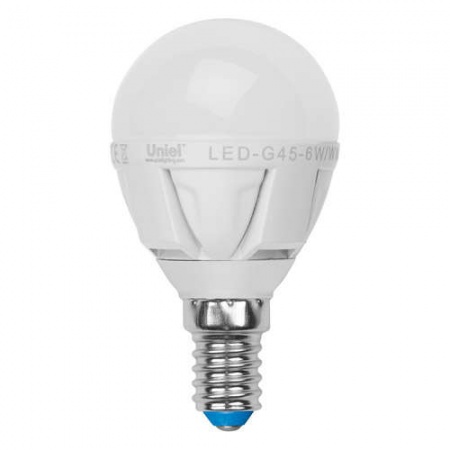 Лампа светодиодная диммируемая LED-G45-6Вт/WW/E14/FR/DIM PLP01WH 6Вт шар 3000К тепл. бел. E14 600лм 220В картон Uniel UL-00000694 411676