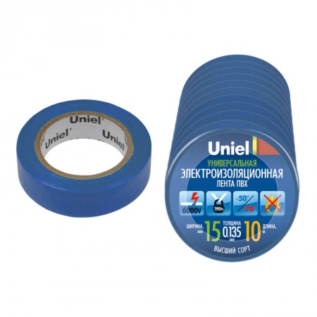 Лента изоляционная UIT-135P 10/15/10 BLU 10м 15мм 0.135мм (уп.10шт) син. Uniel 04518 485133