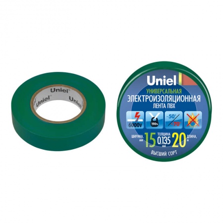 Лента изоляционная UIT-135P 20/15/01 GRN 20м/15мм зел. Uniel 04486 454019
