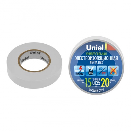 Лента изоляционная UIT-135P 20/15/01 WHT 20м/15мм бел. Uniel 04488 454021