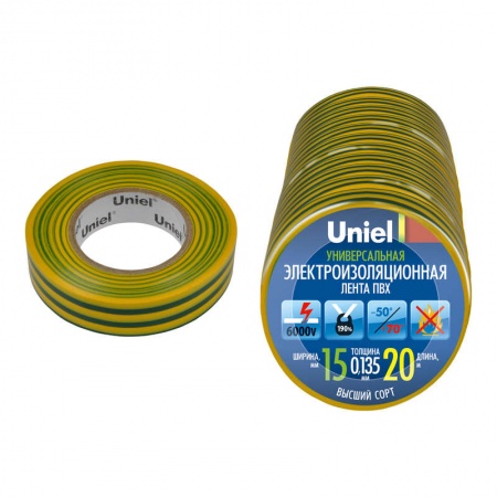 Лента изоляционная UIT-135P 20/15/01 YGR 20м/15мм жел/зел. Uniel 04490 454023