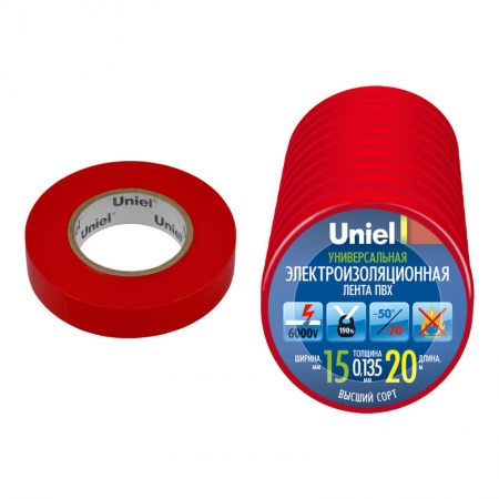 Лента изоляционная UIT-135P 20/15/10 RED 0.135х15 20м (уп.10шт) красн. Uniel 04504 442929