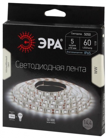 Лента светодиодная 613948 LS5050-60LED-IP65-WW (50) 4.8Вт/м (уп.5м) ЭРА C0043048 278213