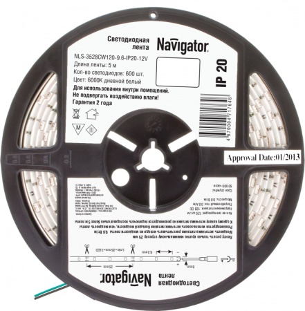 Лента светодиодная 71 764 NLS-3528CW120-9.6-IP20-12V R5 9.6Вт/м (уп.5м) Navigator 71764 406836