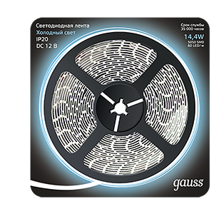Лента светодиодная LED 5050/60-SMD 14.4Вт 12В DC хол. бел. (блистер 5м) Gauss 312000314 460345
