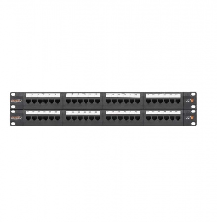 Патч-панель 19дюйм 2U 48 портов кат.6 (класс E) 250МГц RJ45/8P8C 110/KRONE T568A/B неэкран. с органайзерами черн. NIKOMAX NMC-RP48UE2-2U-BK 494167