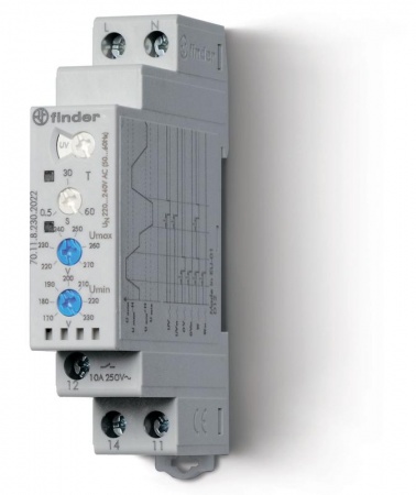 Реле контрольное для 1ф сетей пониженное/повышенное напряжение; настраиваемые диапазоны; выход 1CO 10А; модул.; шир. 17.5мм Finder 701182302022 504638