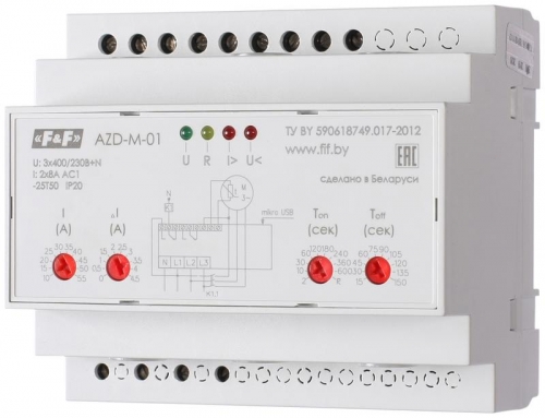 Автомат защиты электродвигателей AZD-M (исп.1 (10-59.5 А) микропроцессорный защита трехфазных двигателей мощностью до 30кВт (с транс. тока более 30кВт) USB порт. 3х400/230+N 2х8А 2х1P IP20) F&F EA05.004.001 320292