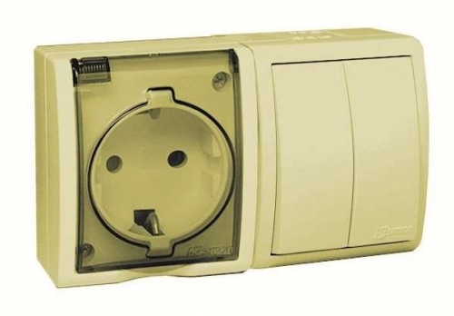 Блок 2-м СП розетка с заземл. 16А + выкл. 2-кл. 10А IP54 Simon15 Aqua сл. кость 1594515-031 262499