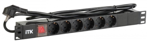 Блок розеток 6 мест PDU (немец. станд.) DIN49440 с LED выкл. 1U шнур 2м вилка DIN49441 профиль ПВХ черн. ITK PH12-6D1-P 306463