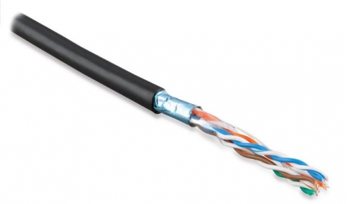 Кабель FUTP4-C5E-S22-OUT-PE-BK (FTP4-C5E-SOLID-22AWG-OUTDOOR-40) витая пара F/UTP кат.5e 4 пары 22 AWG ож (solid) экран-фольга внешн. PE (-40град.C – +60град.C) черн. (м) Hyperline 41659 405412