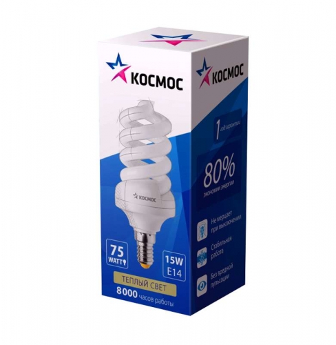 Лампа люминесцентная компакт. SPC 15Вт E14 спиральная 2700К Т3 КОСМОС LKsmSPC15wE1427 332599