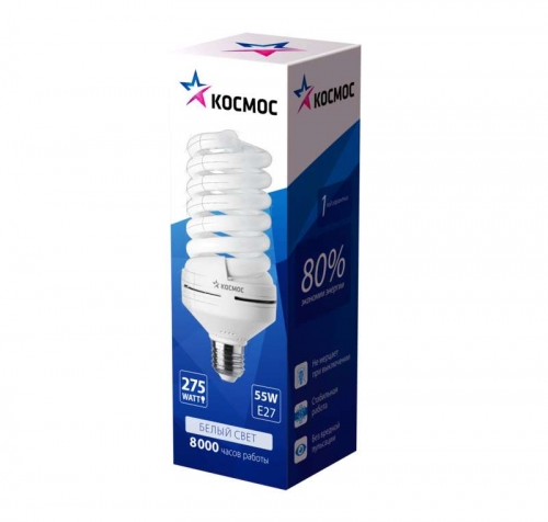 Лампа люминесцентная компакт. SPC 55Вт E27 спиральная 4000К T4 КОСМОС LKsmT4SPC55wE2742 334894