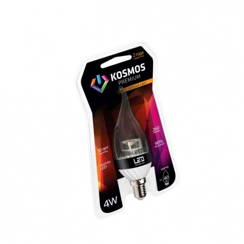 Лампа светодиодная LED KOSMOS premium 4Вт Свеча на ветру прозрачная E14 230В 3000К Космос KLED4wCW230vE1427CL 269800