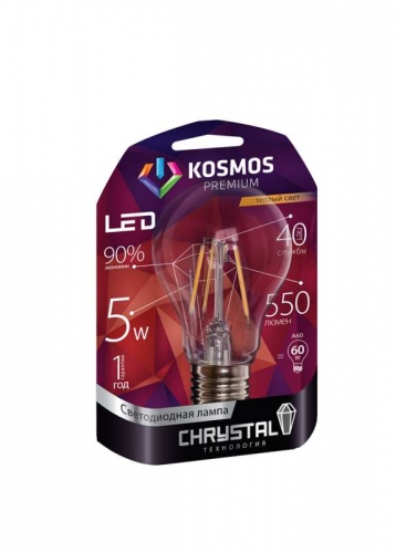 Лампа светодиодная LED KOSMOS premium A60 5Вт грушевидная "Золотая Нить" E27 230В 3000К Космос KLED5wA60230vE2727GF 307080