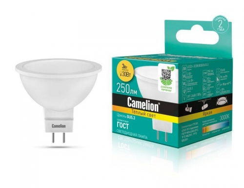 Лампа светодиодная LED3-JCDR/830/GU5.3 3Вт 3000К тепл. бел. GU5.3 215лм 220-240В Camelion 11367 269962
