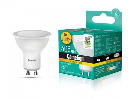 Лампа светодиодная LED5-GU10/830/GU10 5Вт 3000К тепл. бел. GU10 405лм 220-240В Camelion 10956 307715
