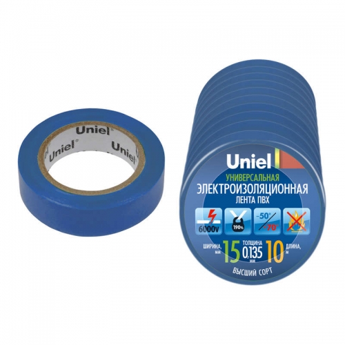 Лента изоляционная UIT-135P 10/15/10 BLU 10м 15мм 0.135мм (уп.10шт) син. Uniel 04518 485133