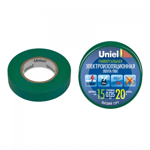 Лента изоляционная UIT-135P 20/15/01 GRN 20м/15мм зел. Uniel 04486 454019