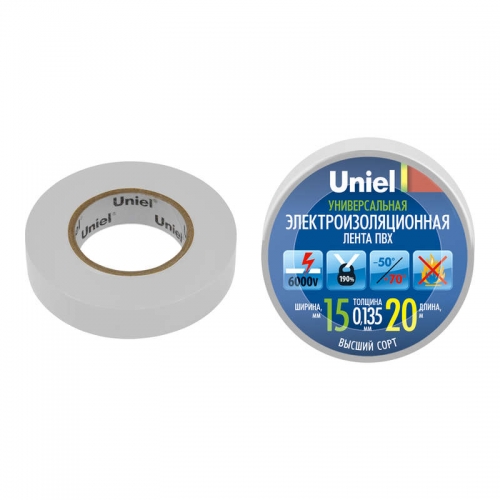 Лента изоляционная UIT-135P 20/15/01 WHT 20м/15мм бел. Uniel 04488 454021
