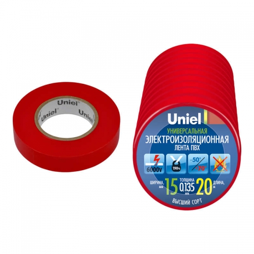 Лента изоляционная UIT-135P 20/15/10 RED 0.135х15 20м (уп.10шт) красн. Uniel 04504 442929