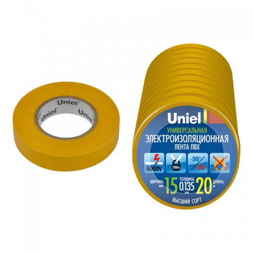 Лента изоляционная UIT-135P 20/15/10 YEL 0.135х15 20м (уп.10шт) жел. Uniel 04506 442931